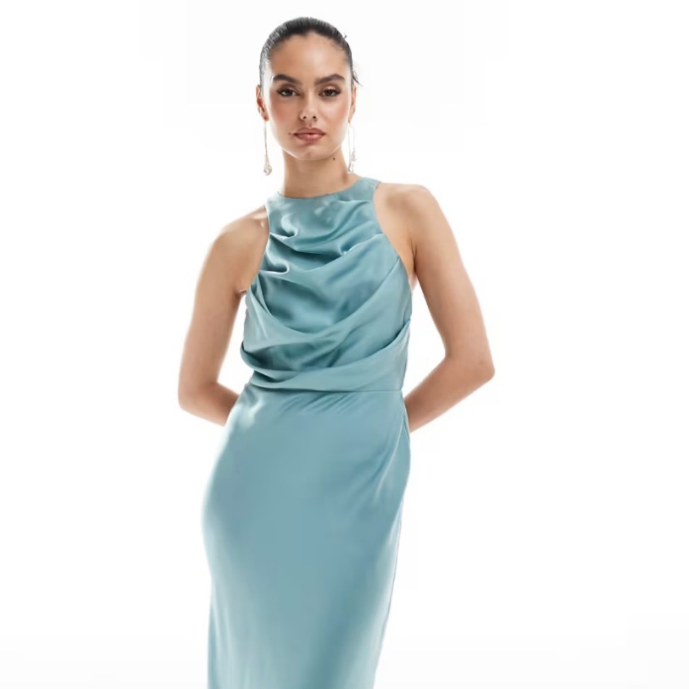 ASOS DESIGN satin drape bodice midi dress in blue